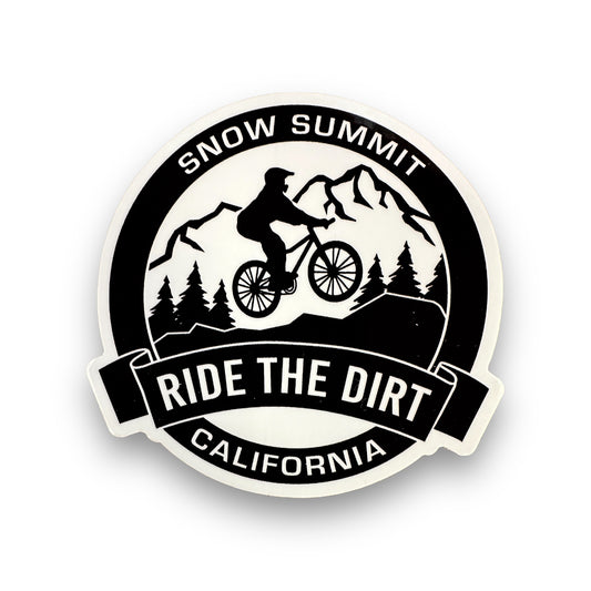 Snow Summit CA Ride the Dirt black and white sticker with a mountain biker on trail lined with trees and mountain design