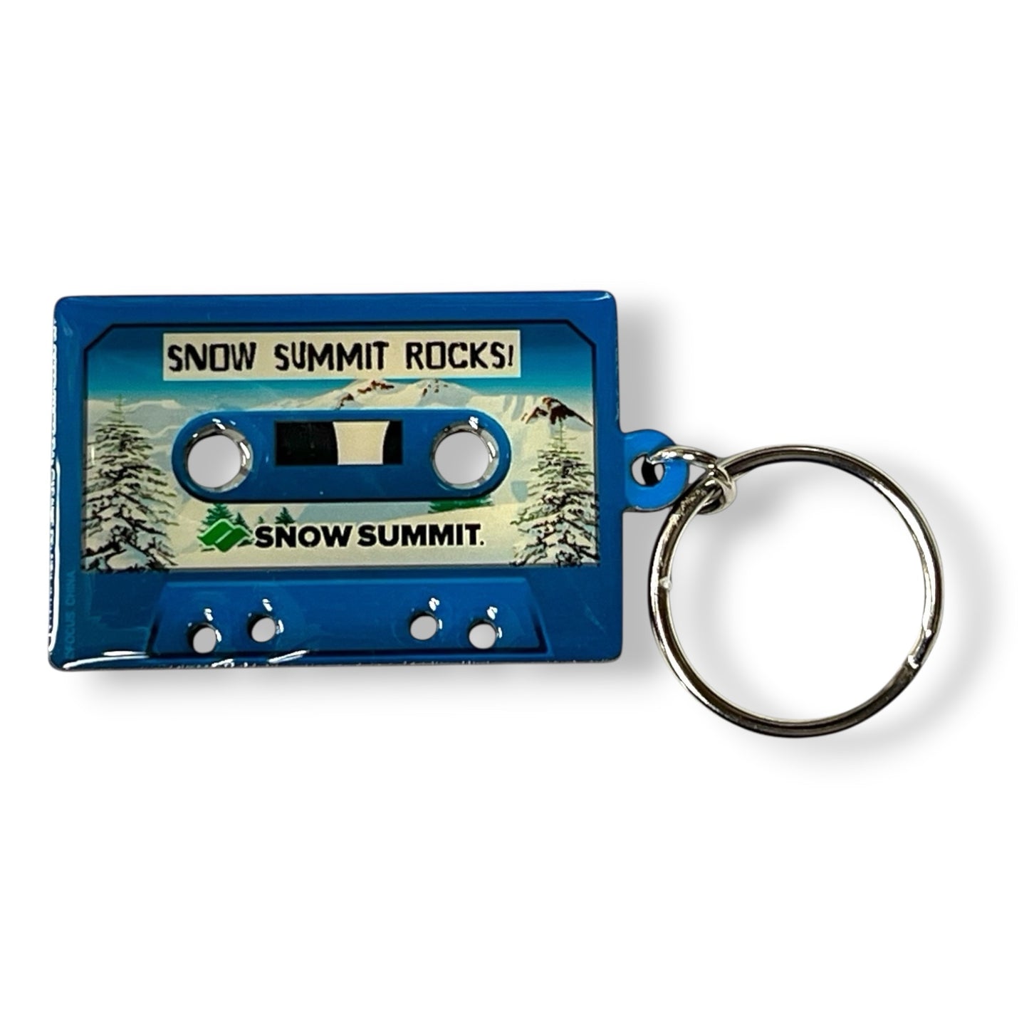 Blue Cassette tape with Summit Logo and Snow Summit Rocks, snowy background