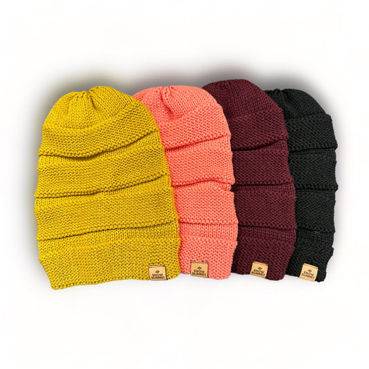 Snow Summit slouch beanies in colors: rust, coral, burgandy, and black