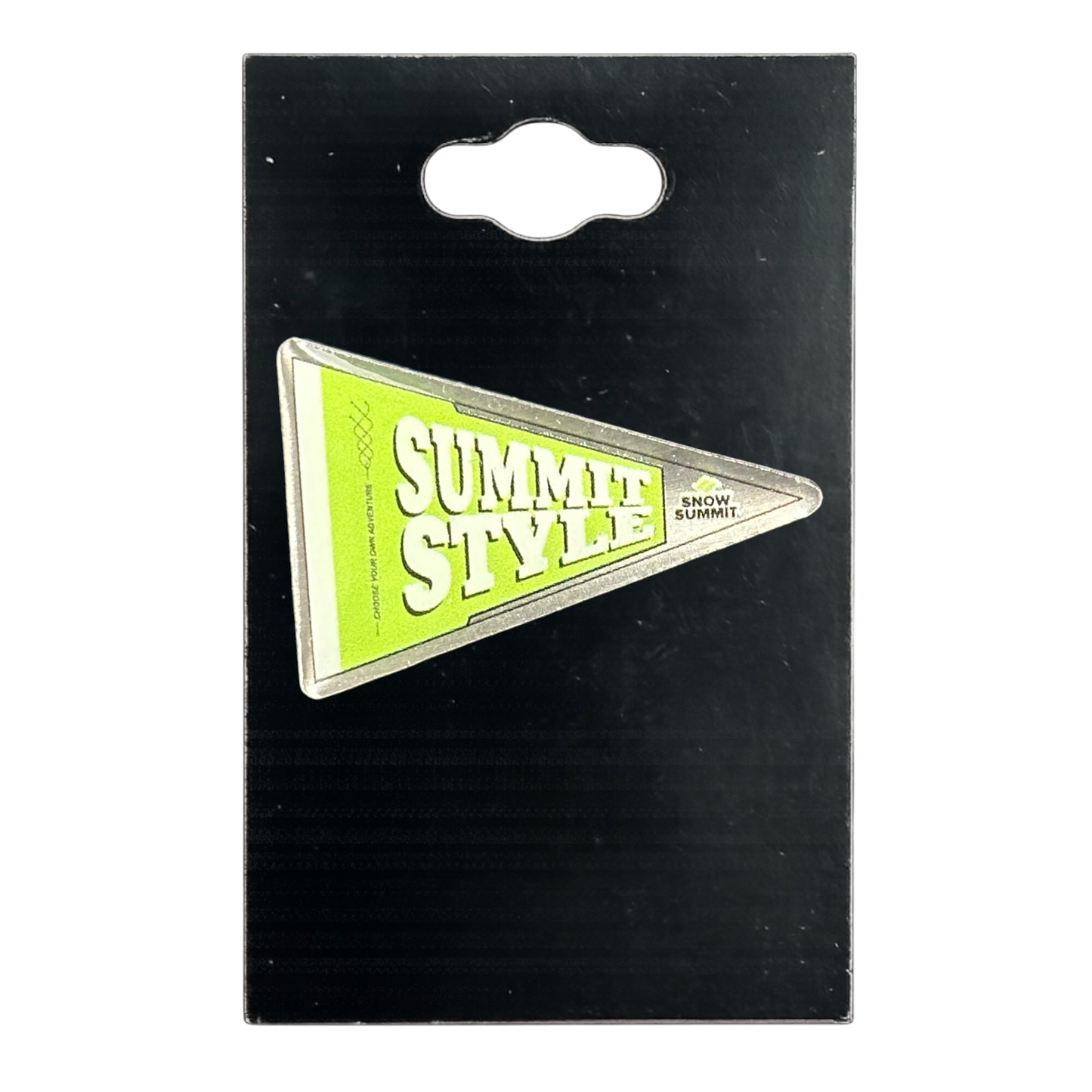A triangular pennant-style pin with the words “SUMMIT STYLE” and “SNOW SUMMIT” in white on a bright yellow-green background, attached to a black retail display card.