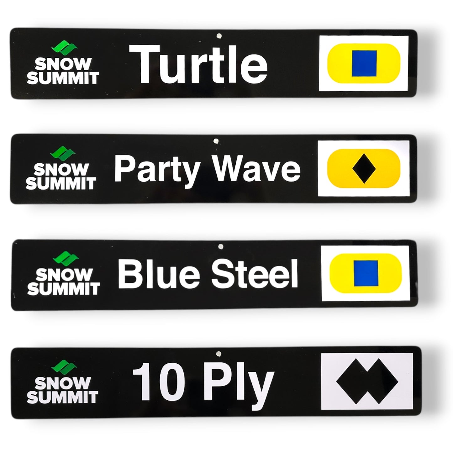 Black trail signs with Snow Summit summer runs: Turtle, Party Wave, Blue Steel, 10 Ply.