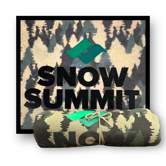 Camo forest with bears blanket with Snow Summit logo in black and green