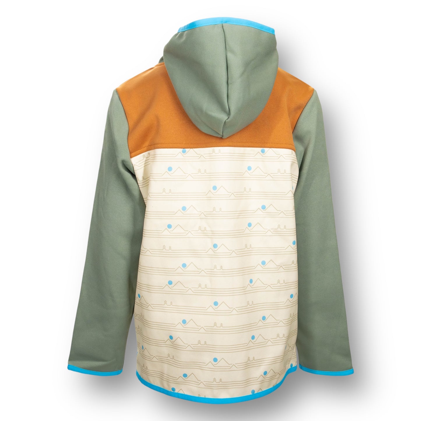 Backside of a multicolored jacket with orange, green, and beige sections with a hood.
