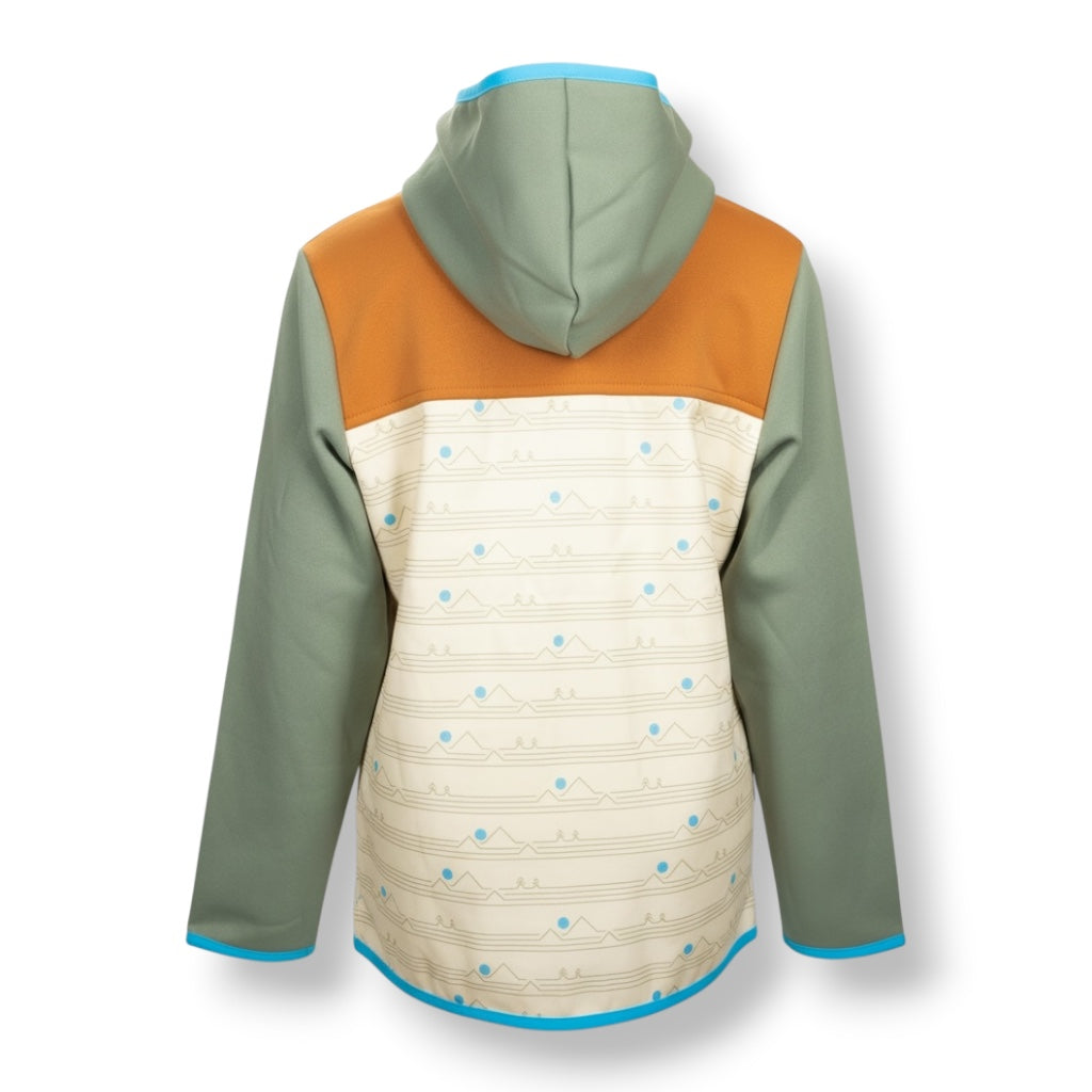 Backside of a multicolored jacket with orange, green, and beige sections with a hood.