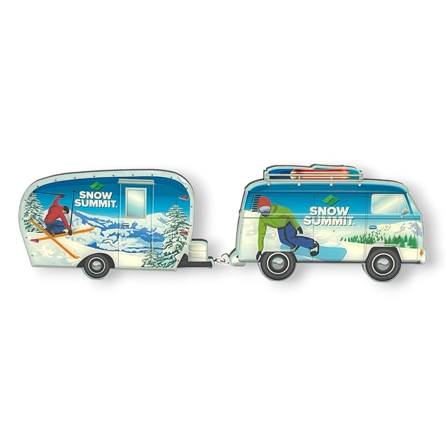 two piece magnet set with snow summit logo featuring a skier and snowboader on each magnet
