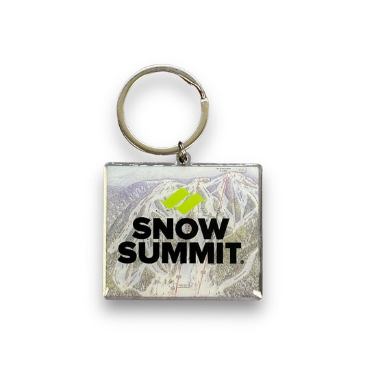 Snow Summit winter trail maps keychain with winter map in background and Snow Summit logo overlay in black and green