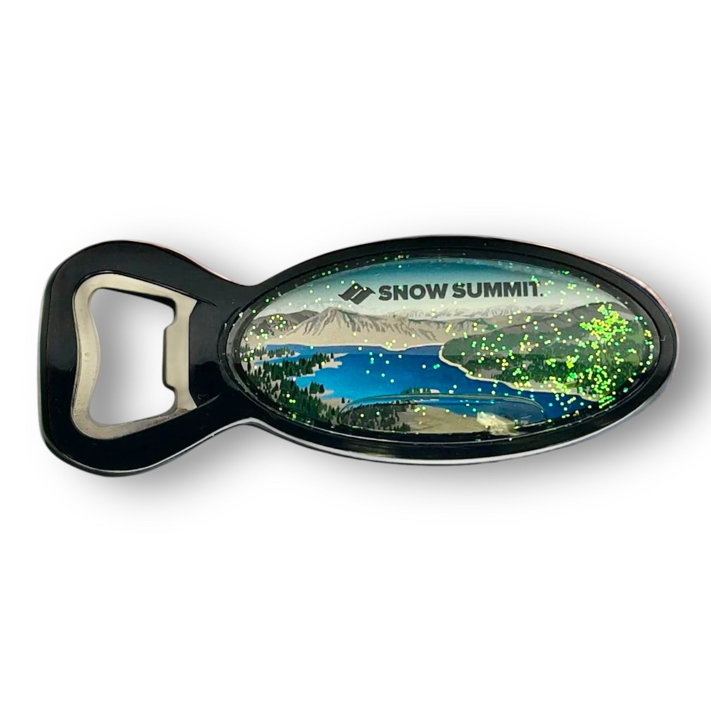 A fish shaped bottle opener with glitter and Big Bear Lake on it
