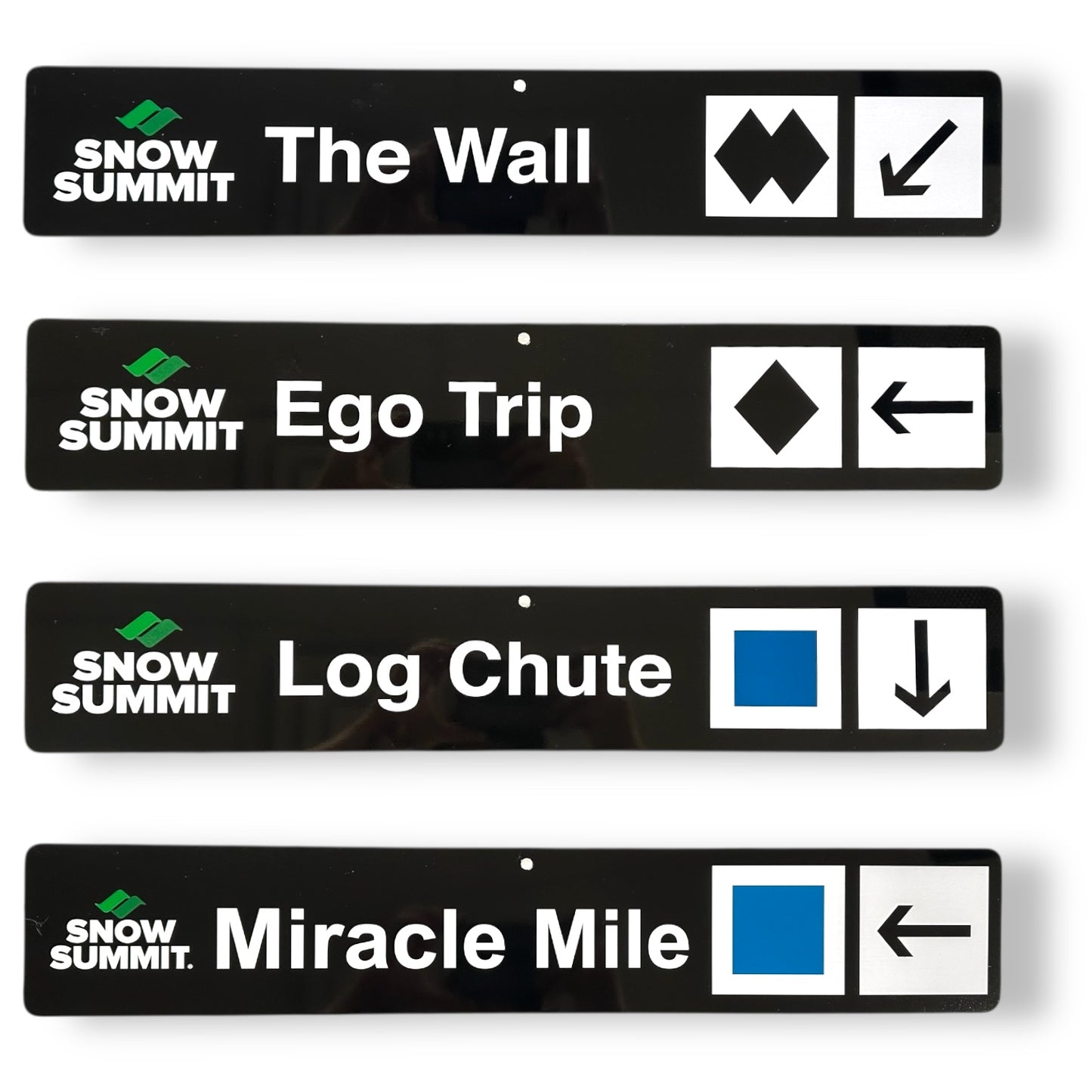 Black trail signs with Snow Summit winter runs: The Wall, Ego Trip, Log Chute, Miracle Mile.