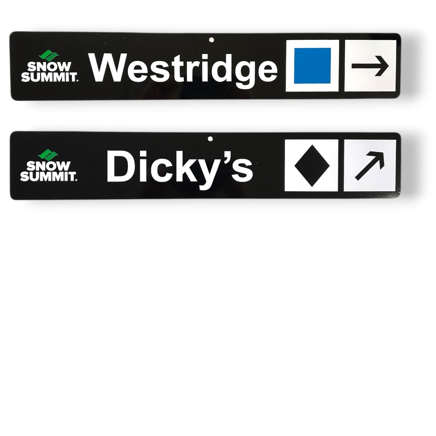Black trail signs with Snow Summit winter runs: Westridge, Dicky's