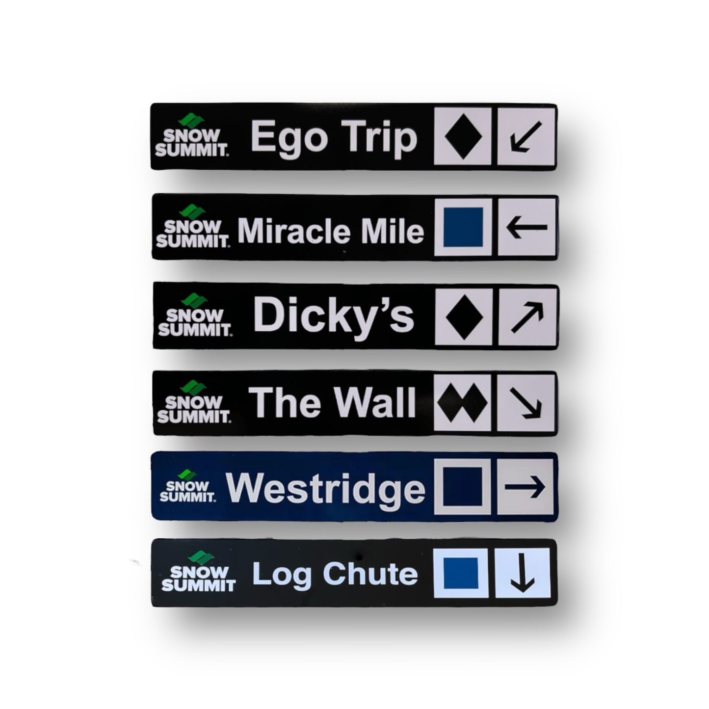 Black trail signs with Snow Summit runs: Ego Trip, Miracle Mile, Dicky's, The Wall, Westridge, and Log Chute.
