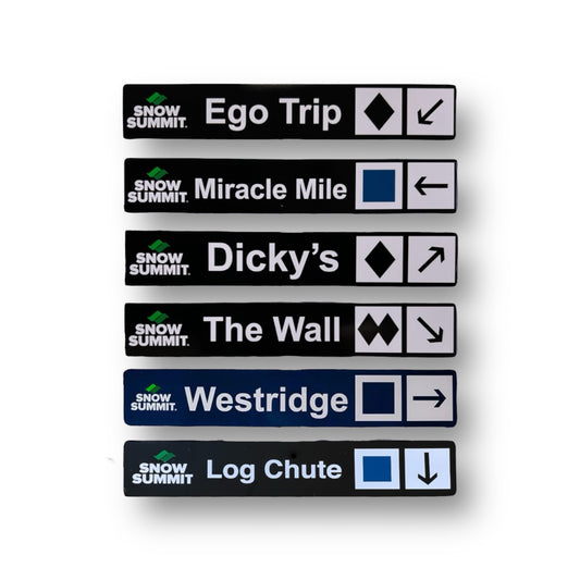 Black trail signs with Snow Summit runs: Ego Trip, Miracle Mile, Dicky's, The Wall, Westridge, and Log Chute.