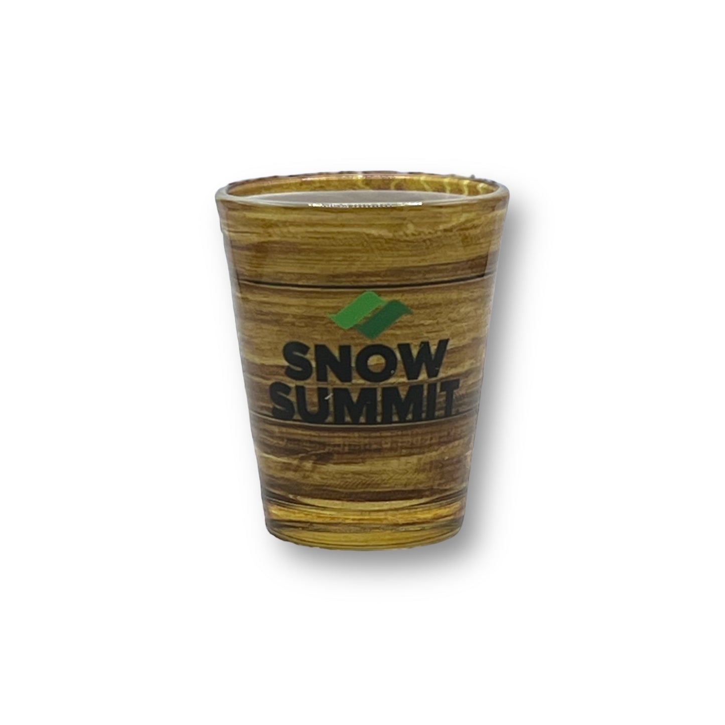 Snow Summit shot glass with wooden wrap design