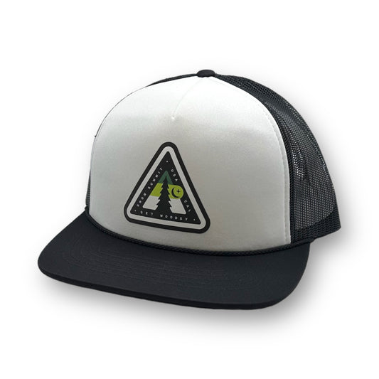 White and black trucker hat with Snow Summit Woodsy logo