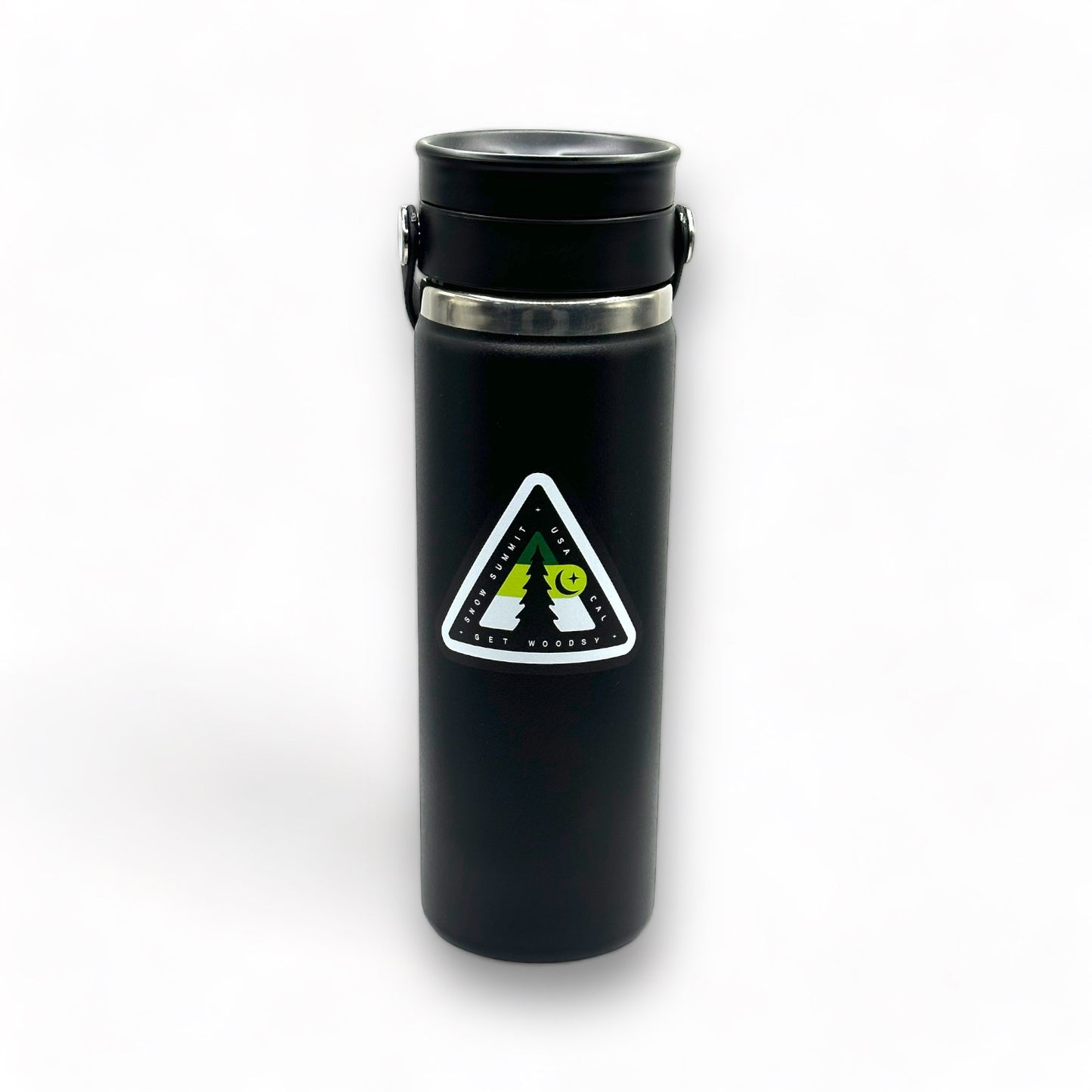Snow Summit woodsy logo design on black hydro flask tumbler
