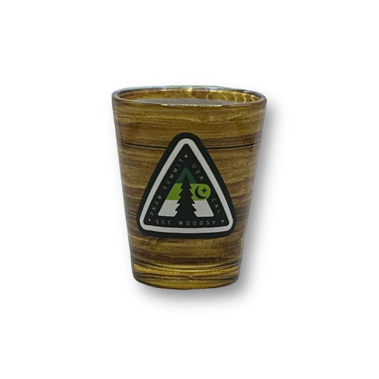 Glass Shot Glass w/ Faux Wood Embossed printed woodsy decal logo