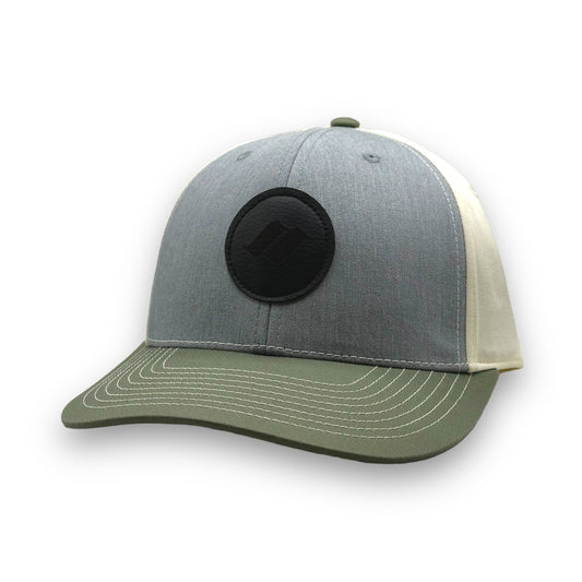 Gray and green tri color snapback Snow Summit hat with black logo patch