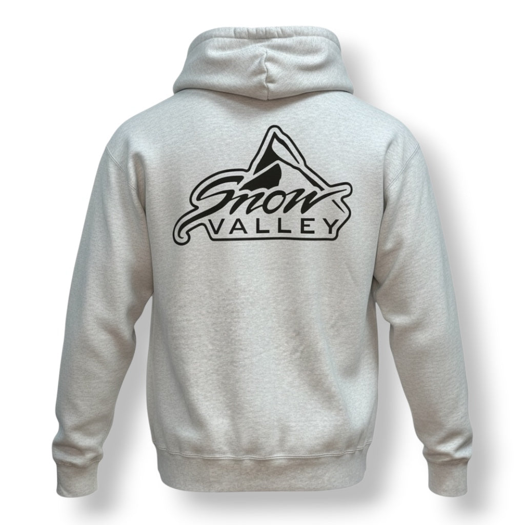 Backside of ash grey hoodie sweatshirt with black snow valley logo