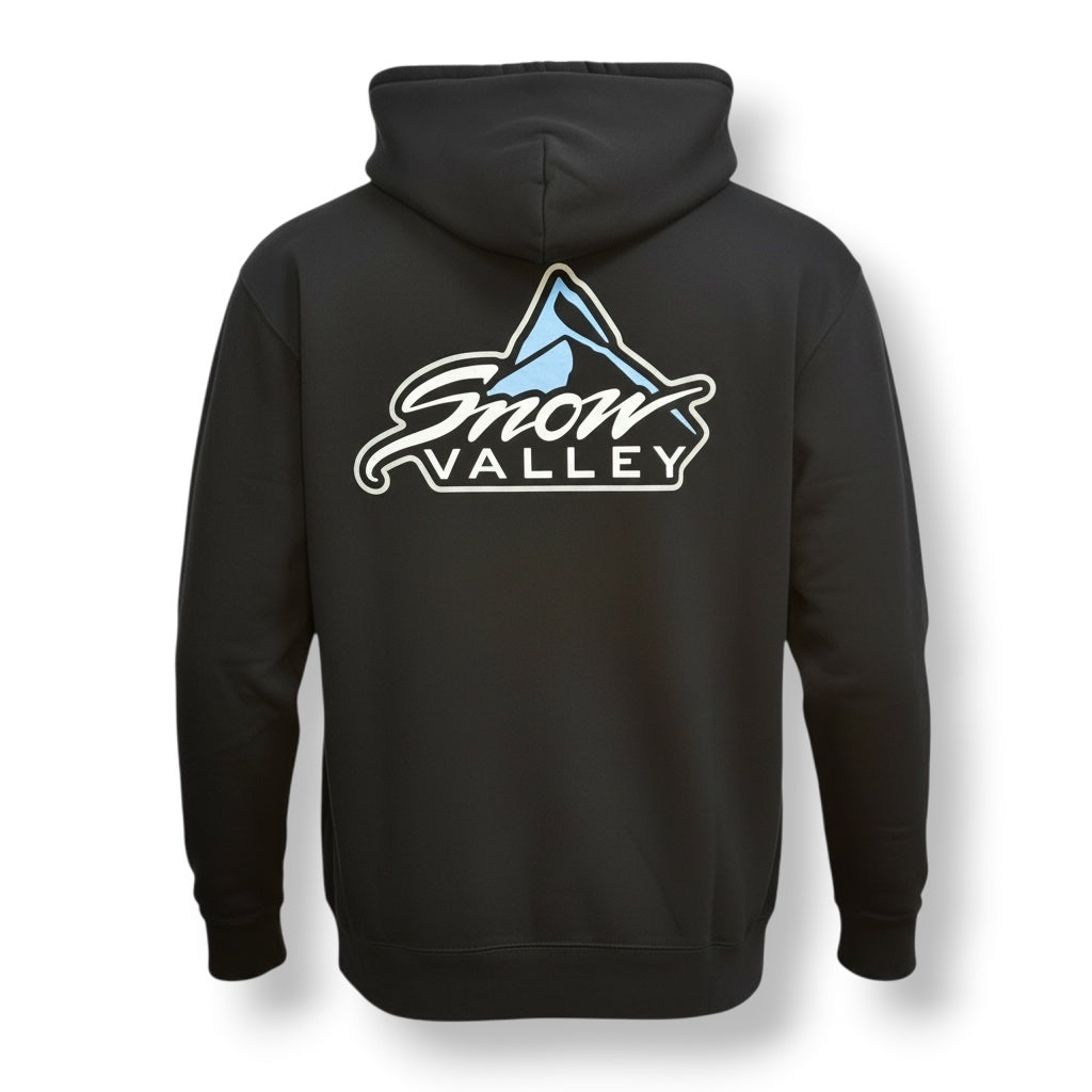 Backside of black hoodie sweatshirt with white and blue Snow valley logo