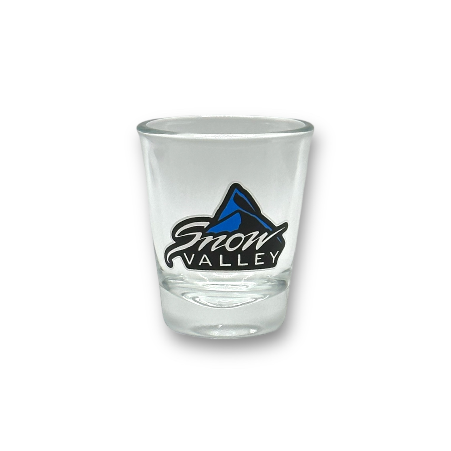 Clear glass shot glass with Snow Valley logo
