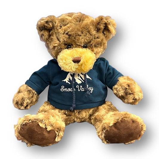 stuffed Bear with blue snow valley hoodie sweatshirt with Snow Valley logo