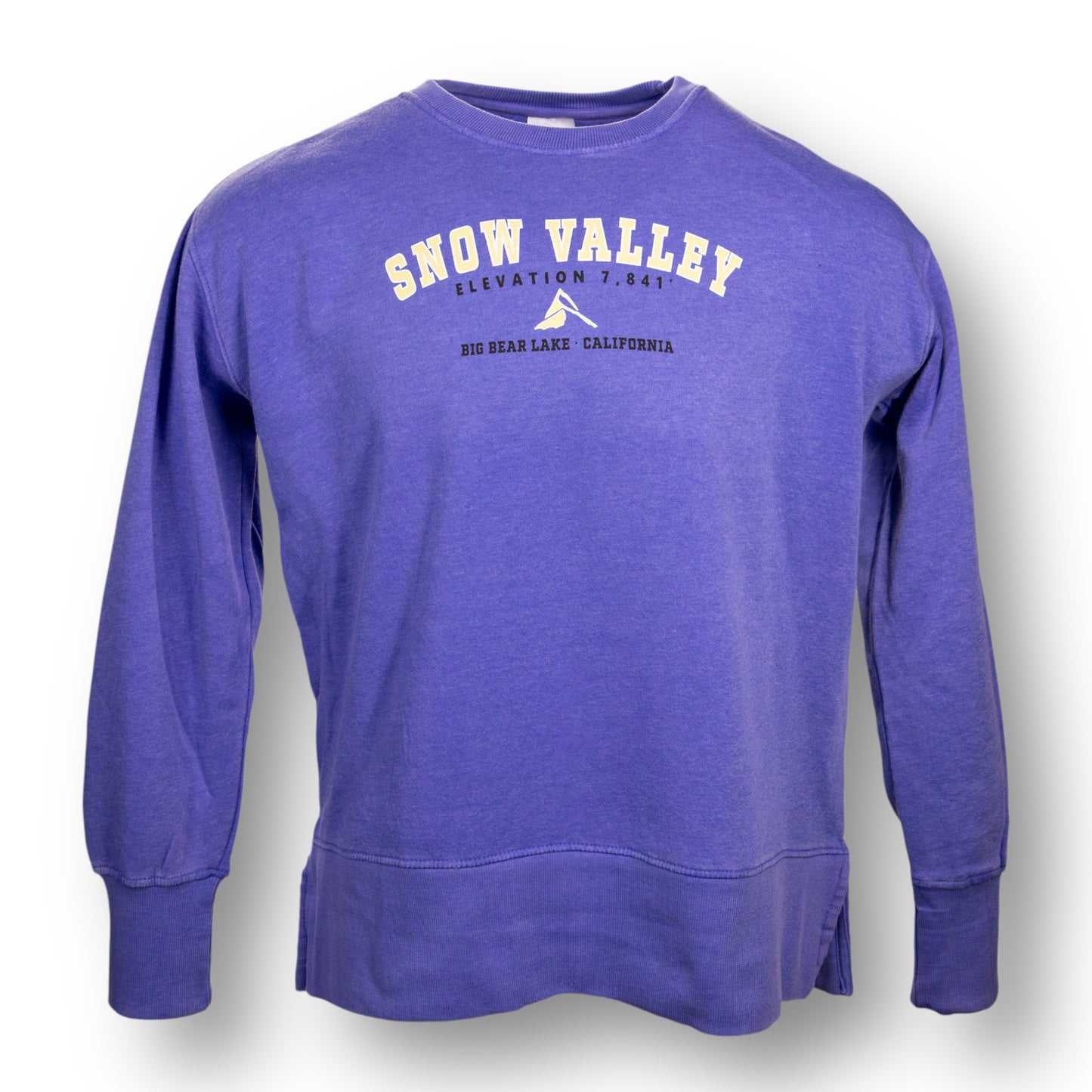A blue color crewneck sweatshirt with Snow Valley logo, the elevation, and Big Bear Lake, California on the chest.