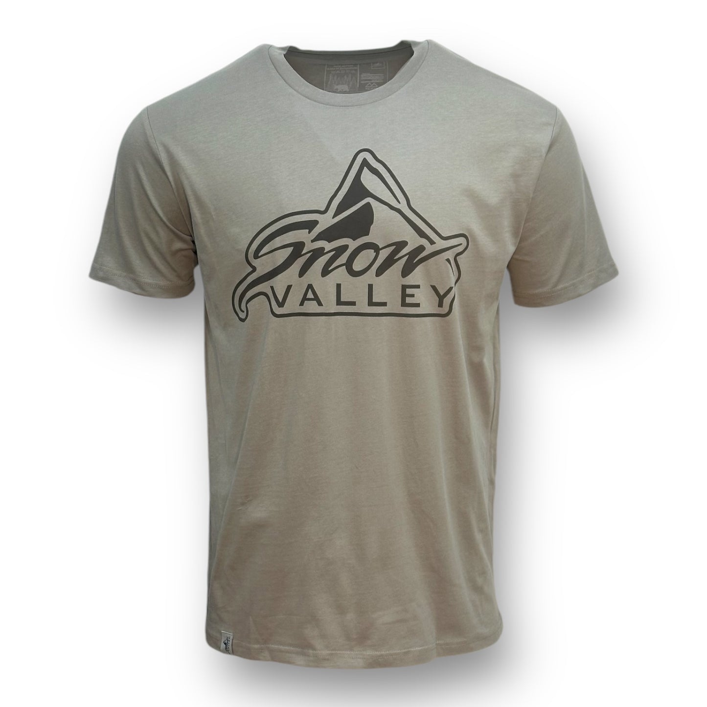 Grey t shirt with dark colored snow valley logo in center of shirt