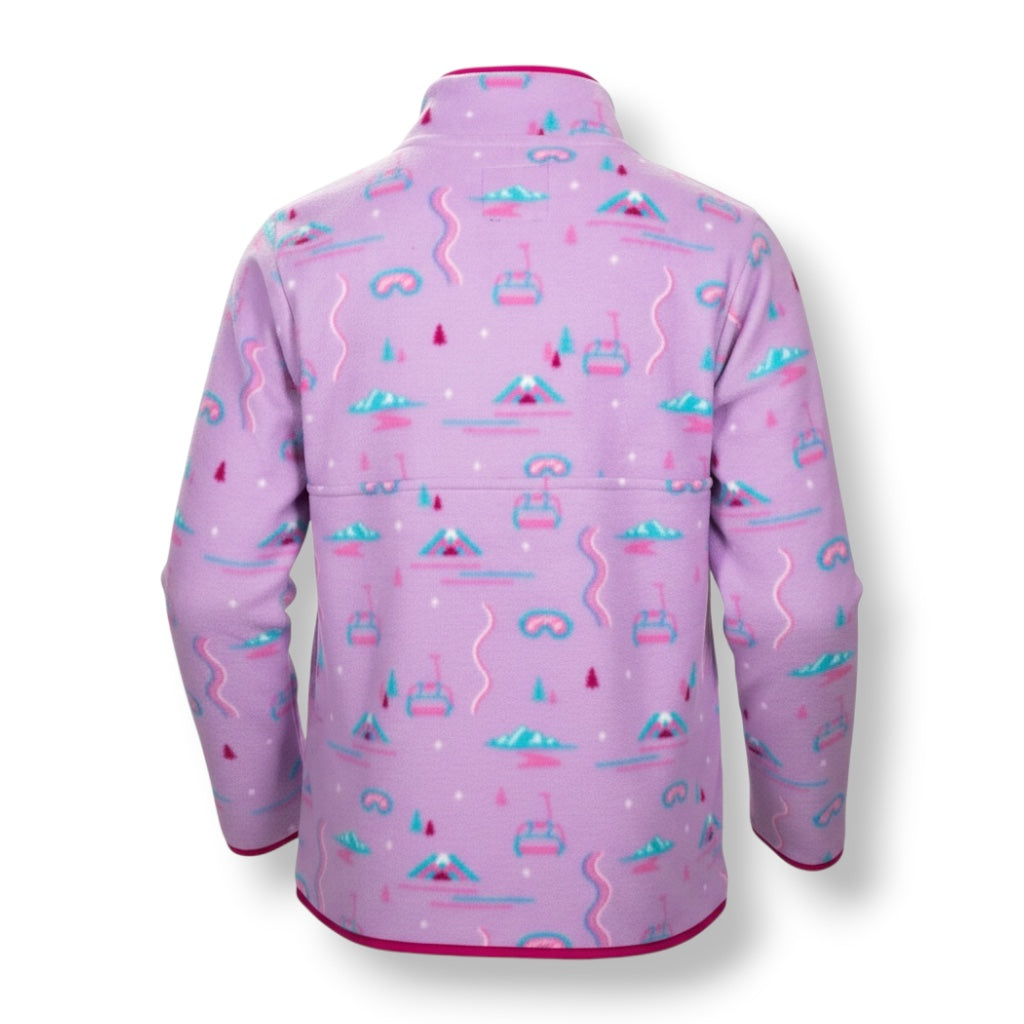 Backside of a fuchsia color button up half zip fleece jacket with mountains, goggle, and chairlift design.