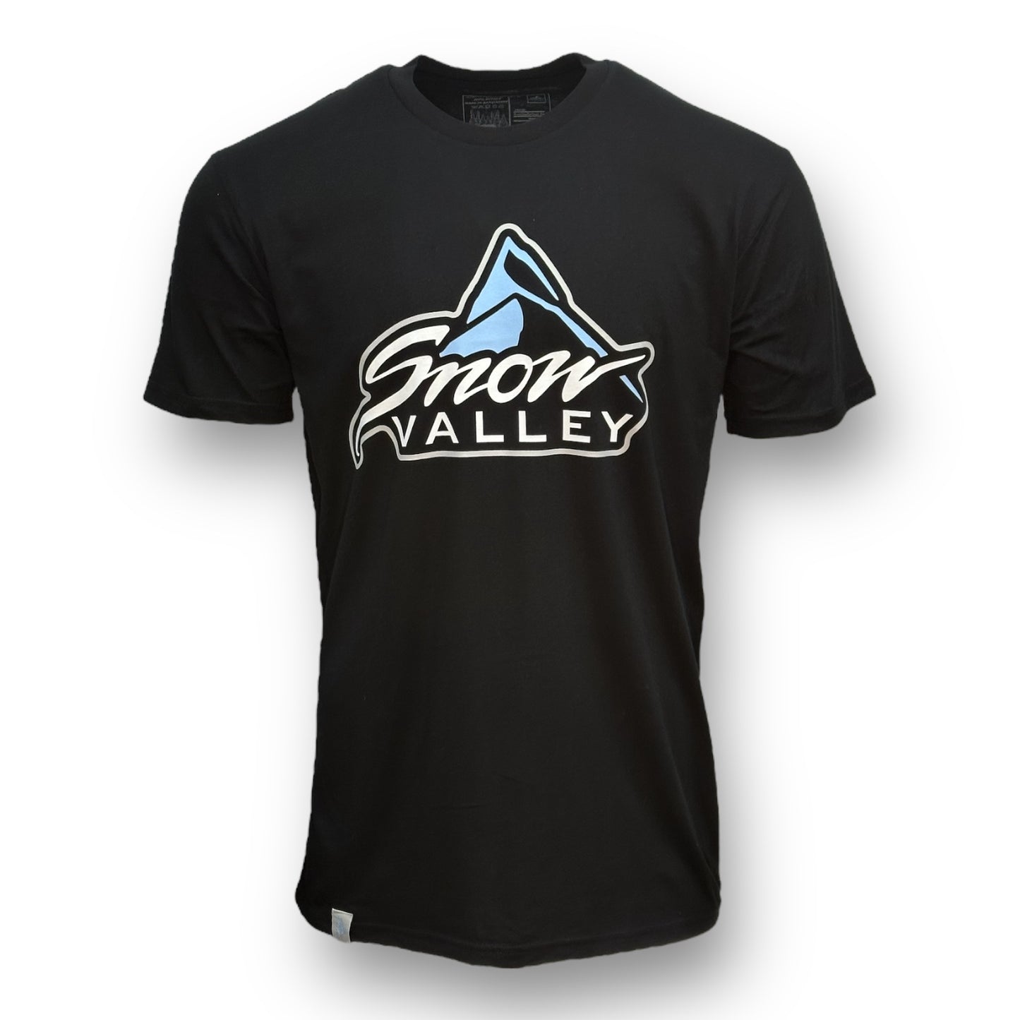Black t-shirt with large white, blue, and black Snow Valley logo.