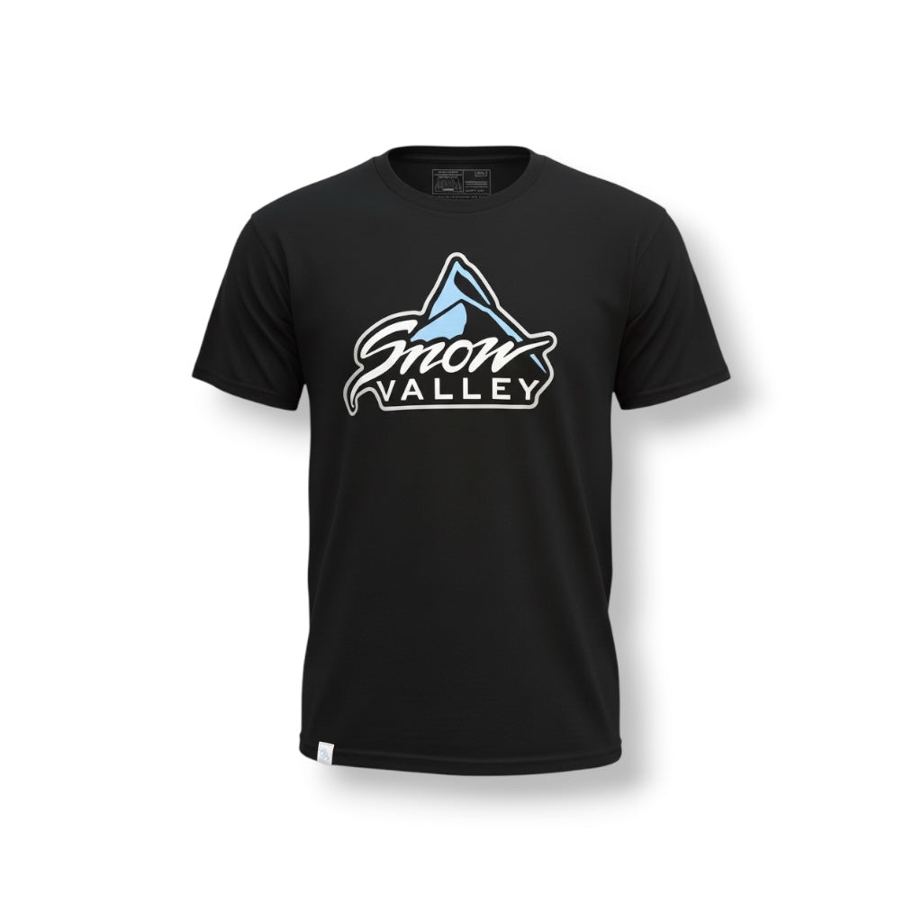 Black t-shirt with large white, blue, and black Snow Valley logo.
