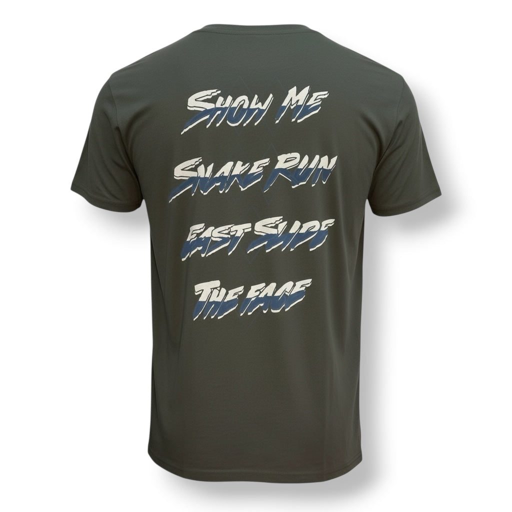 Backside of a charcoal grey t-shirt that lists off four snow trails