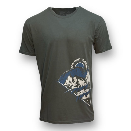 Charcoal grey t shirt with snow valley logo, mountain design, and the words slide peak in blue and white on bottom left corner