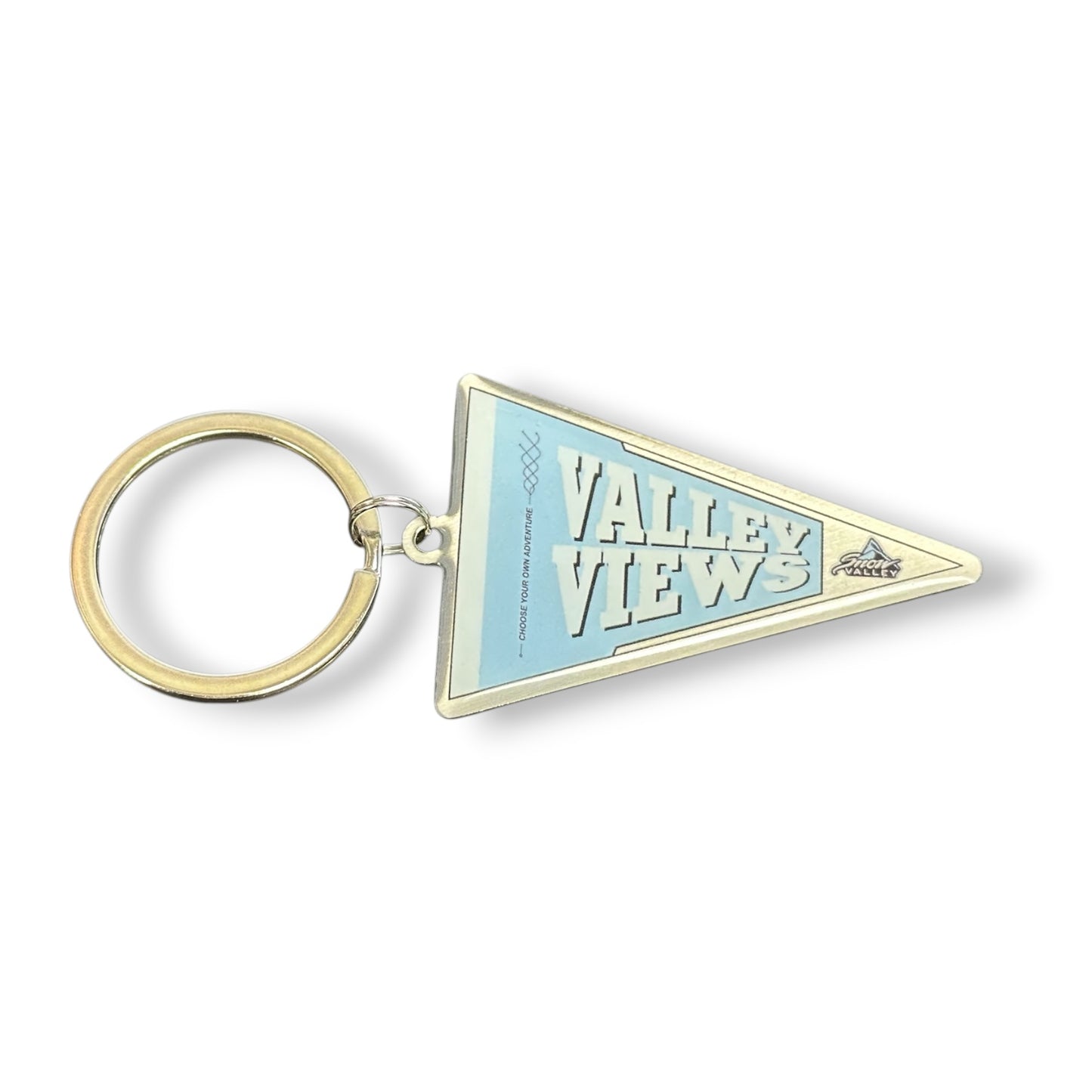 A triangular metal pennant keychain with a gold-tone split ring, featuring a light blue and white 'Valley Views' design on a white background.