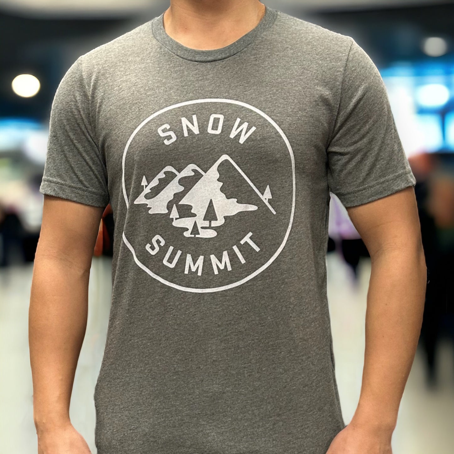 Snow Summit alpine heather grey tee with mountains and tree circular logo