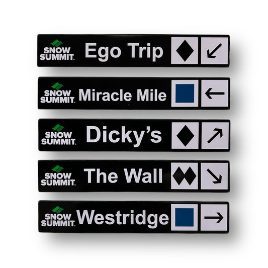 Snow Summit individual trail map magnets for Ego Trip, Miracle Mile, Dicky's, The Wall, and Westridge trails
