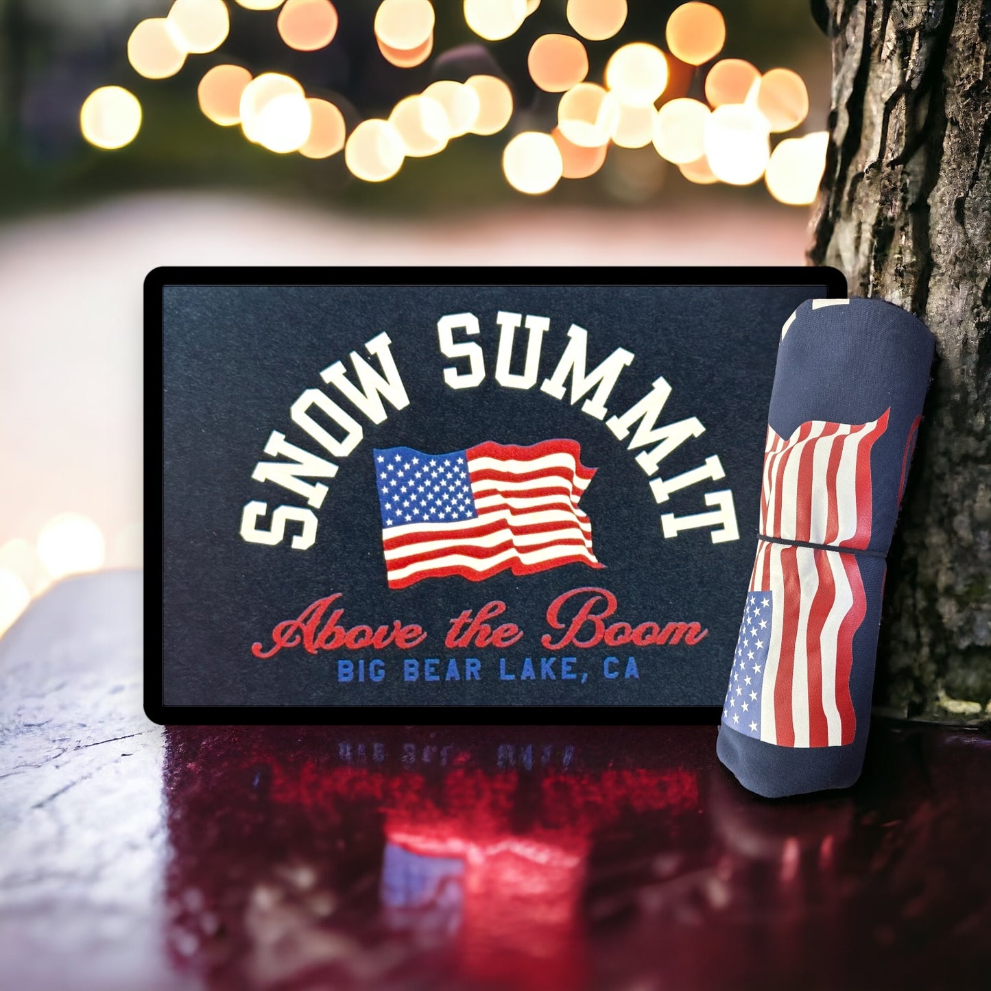 Navy blanket sweatshirt with american flag, Snow Summit font in white, Above the Boom font in red, and Big Bear Lake, CA font in blue