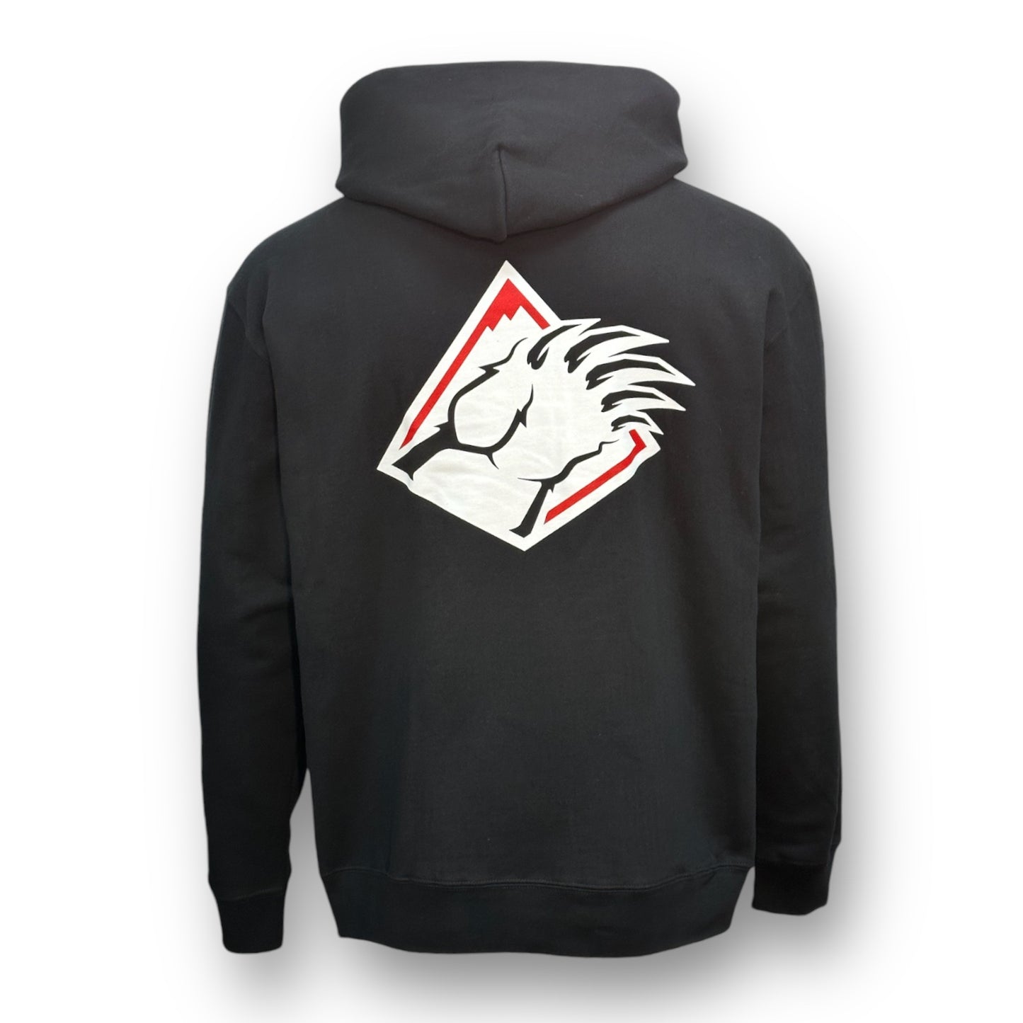 Backside of a black hoodie sweatshirt with a large white, red, and black bear claw design