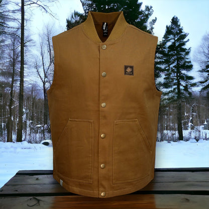 Brown button up vest with two large pockets on each side and a brown bear mountain patch on upper left side