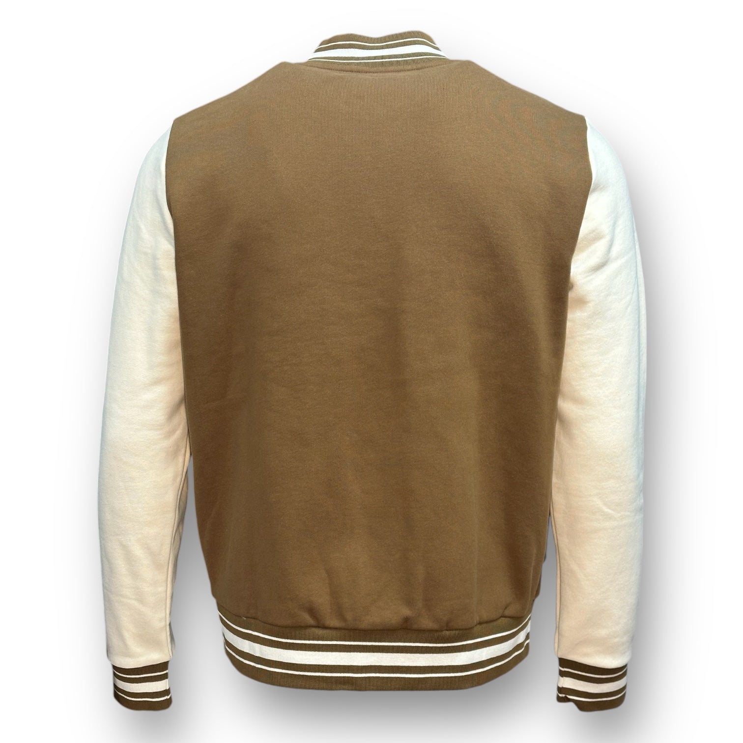 Backside of a brown letterman jacket with almond colored sleeves