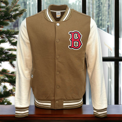 Front view of brown letterman jacket with almond colored sleeves and a stitched letter B in red with black and white border