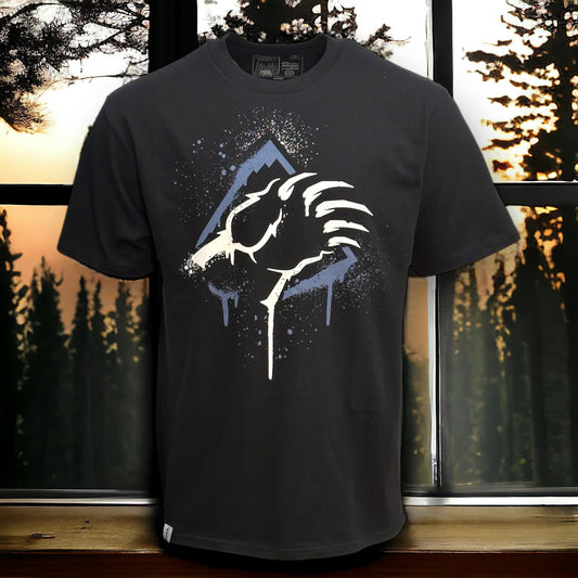 Black t-shirt with bear claw logo in white and blue with overspray paint design