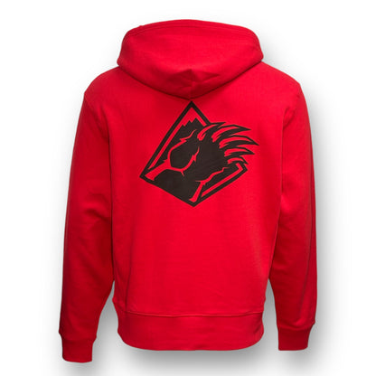 Backside of red hoodie sweatshirt with black bear claw logo design