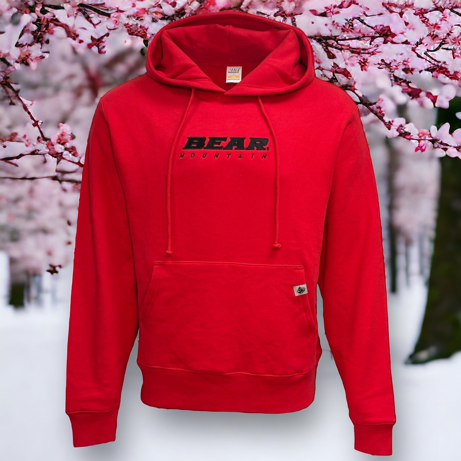 Red hoodie sweatshirt with BEAR MOUNTAIN embroidered logo on front