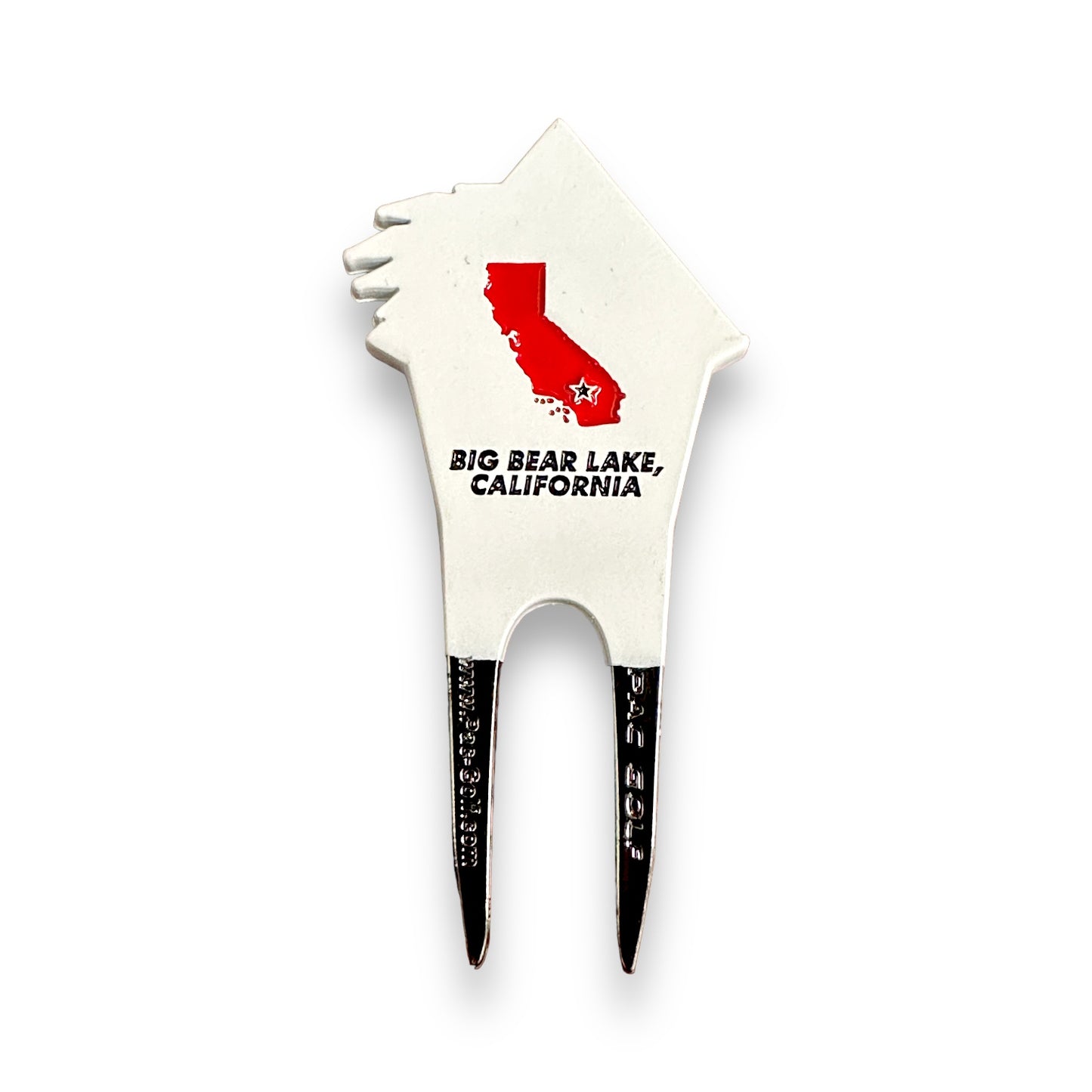 Golf divot tool with a red state of California with a black star over the location of Big Bear Lake, California and the words 'Big Bear Lake, California' underneath the state outline.