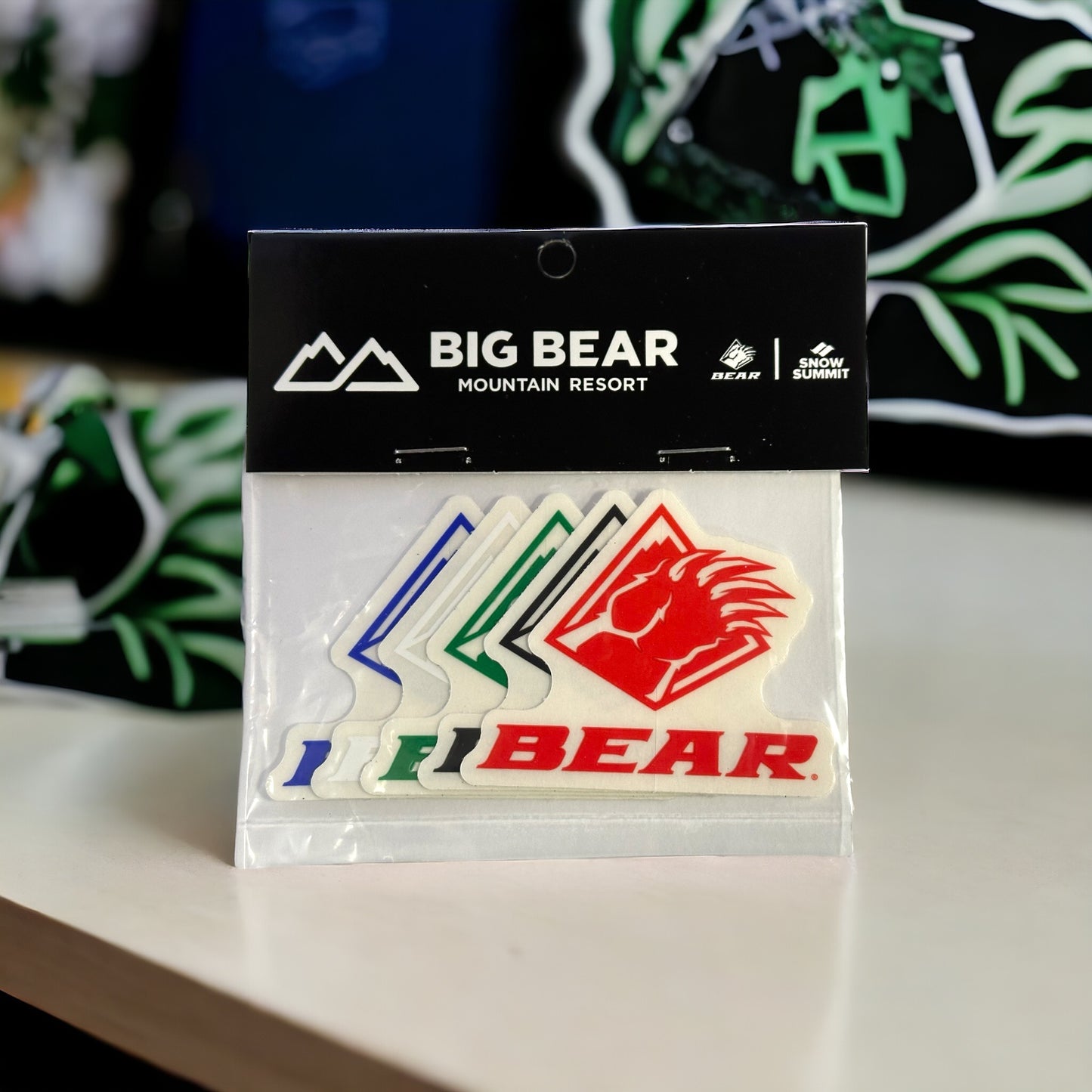 5-pack of Bear Mountain logo stickers in different colors (red, blue, green, white, black)