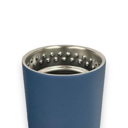 Top view of a blue Klean Kanteen insulated water bottle with the lid off to showcase inside rim