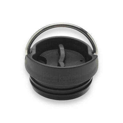 A black twist off Klean Kanteen water bottle lid with a metal ring to carry that swivels over the top