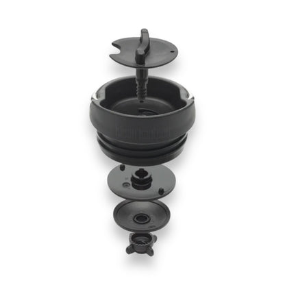 A diagram image of the functionality of a Klean Kanteen black lid that twists to open 