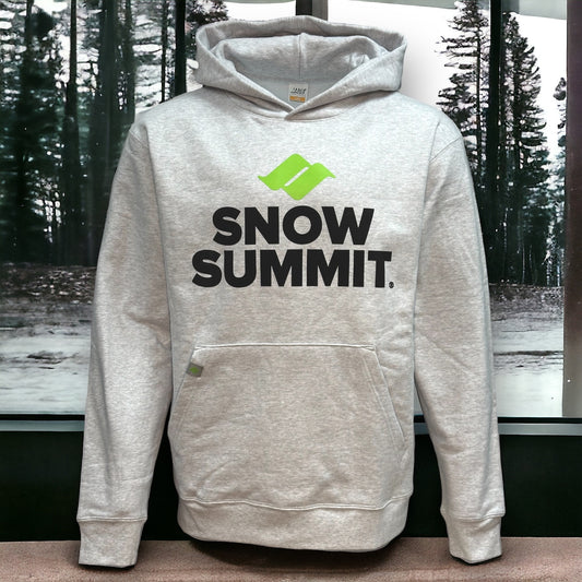 Grey hoodie sweatshirt with green snow summit logo and black Snow Summit font below