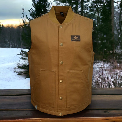 Brown button up vest with two large pockets on each side and a brown snow summit patch on upper left side