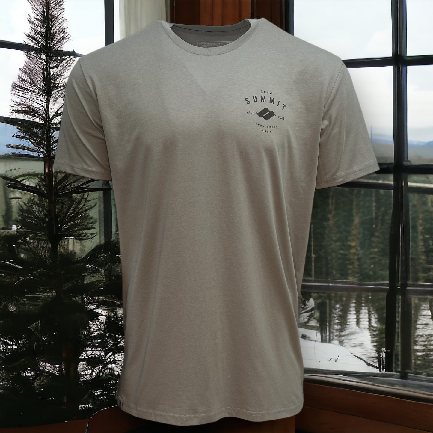 Granite colored t shirt with Snow Summit logo in black in the upper left 